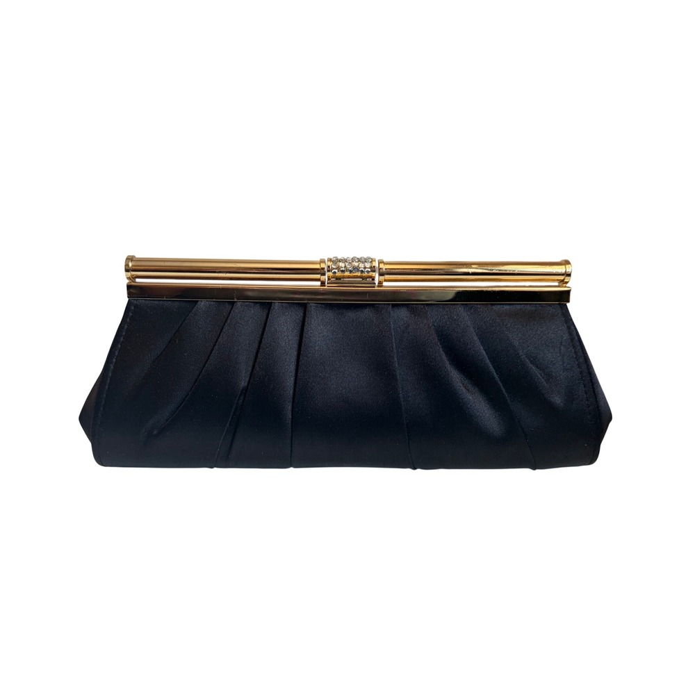 Lovely N.Y. Black Satin Pleated Evening Clutch Bag Gold Frame Rhinestone Accent - Picture 2 of 5